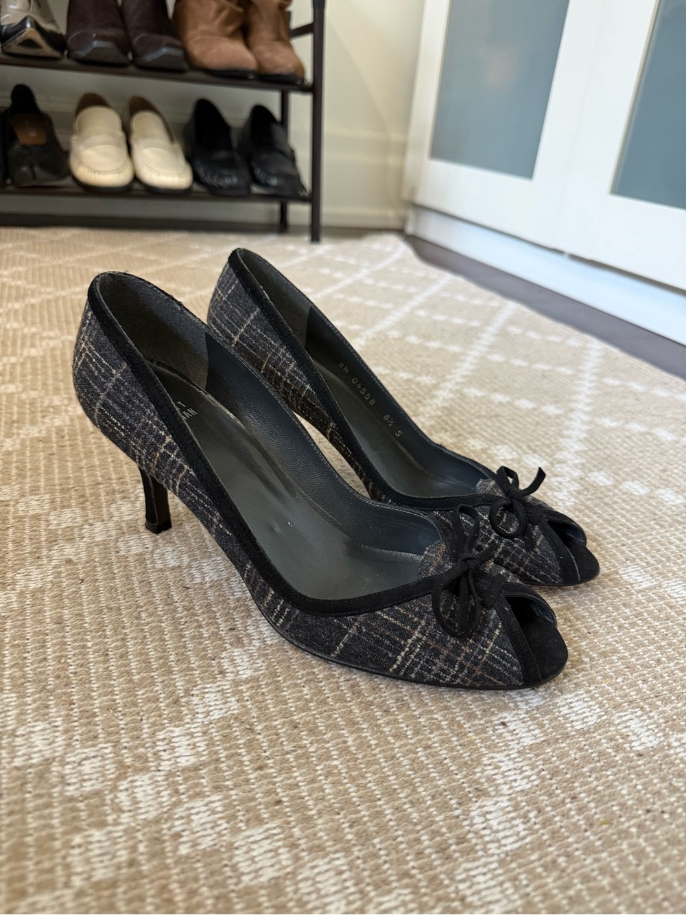 Stuart Weitzman Tweed Plaid Peep Toe Kitten Heel Pumps